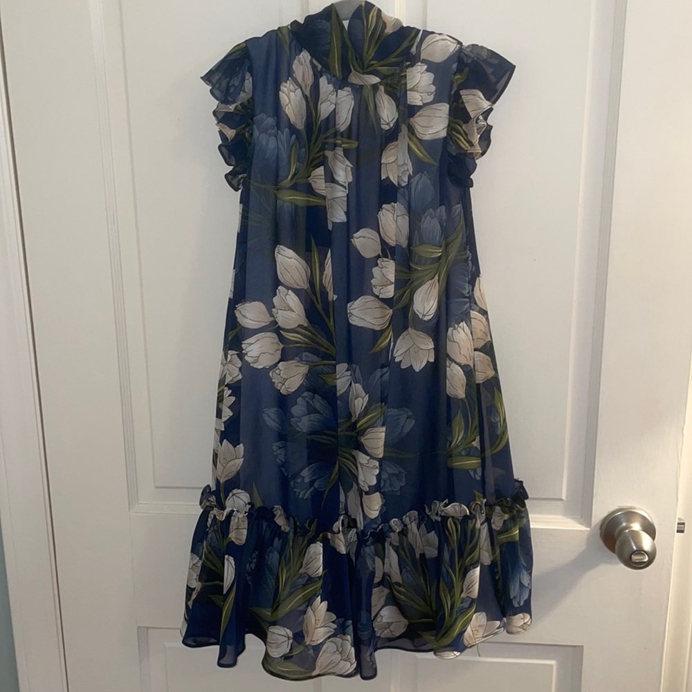 Helena - Girls navy dress with white tulips. Size 7.